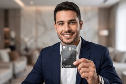 jovem brasileiro segurando o cartão Ailos Black