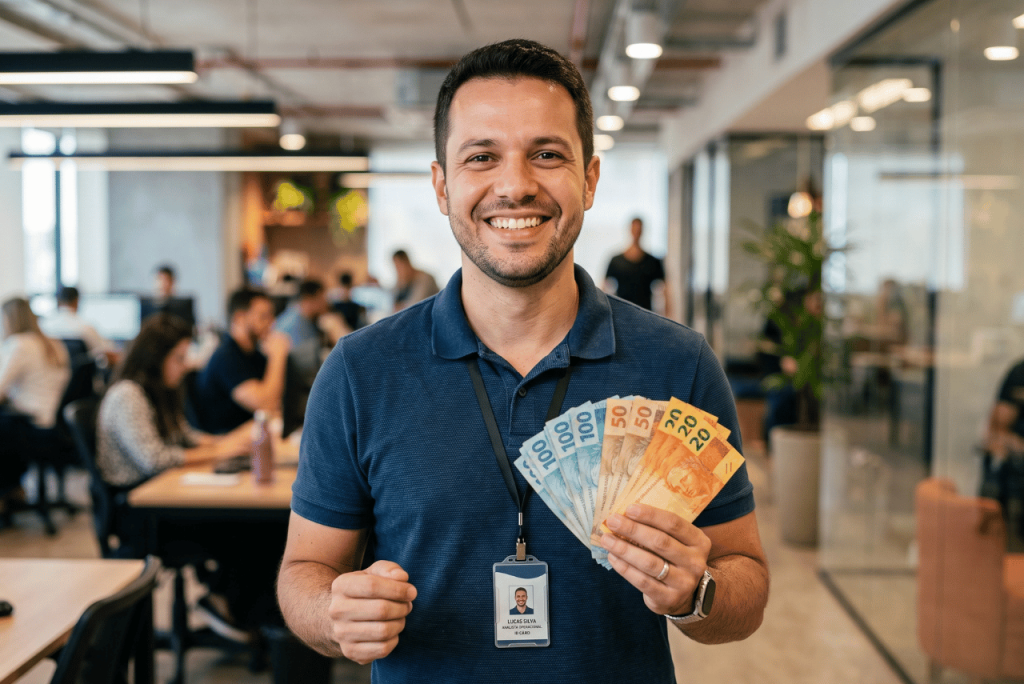 um homem feliz no trabalho após conseguir um empréstimo Antecipação do saque aniversário FGTS Itaú
