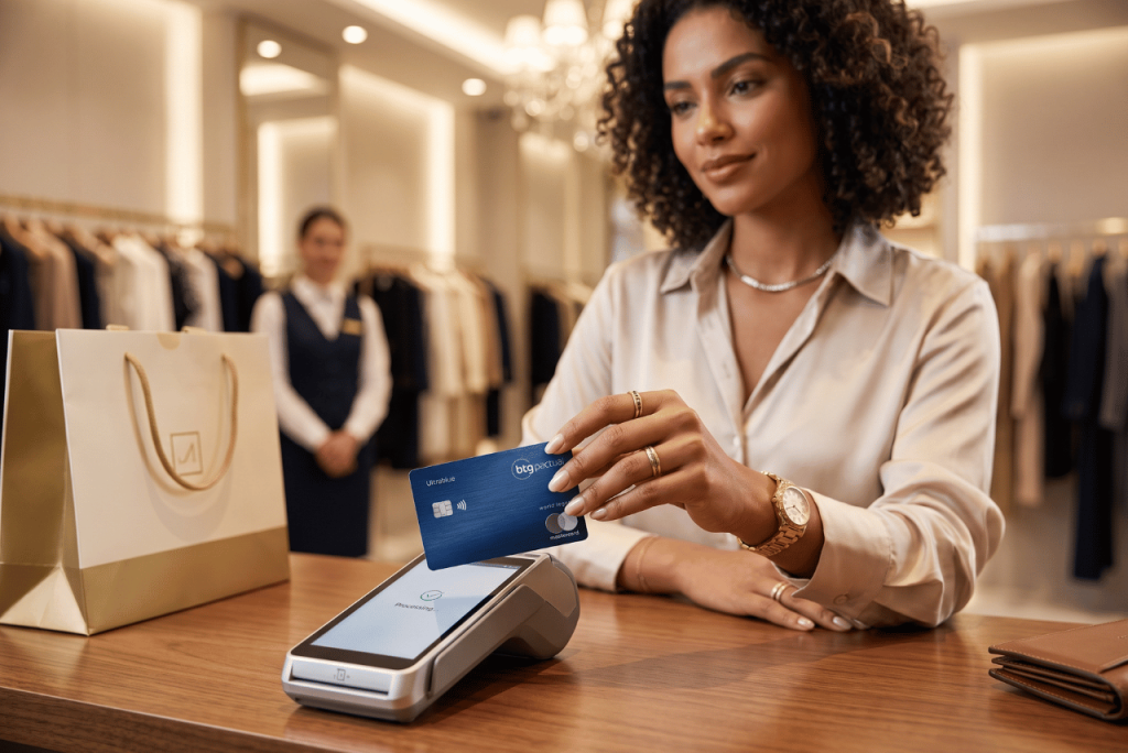 uma mulher brasileira jovem e rica pagando suas compras em uma loja de roupas finas com o cartão BTG World Legend