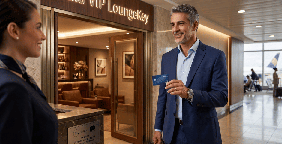 homem acessando a BTG World Legend sala vip