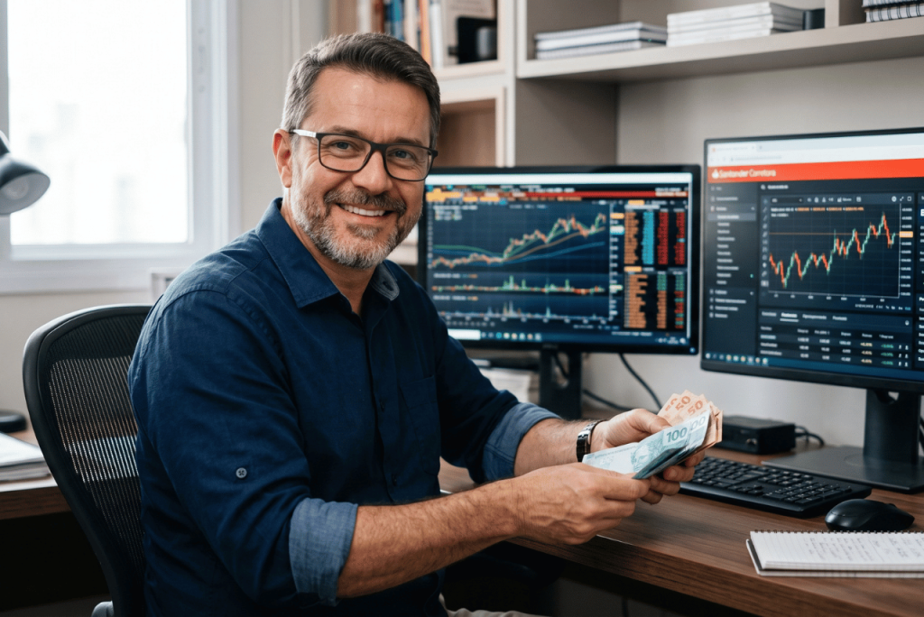 homem em frente ao computador segurando dinheiro que conseguiu com o Crédito com garantia de investimentos Santander