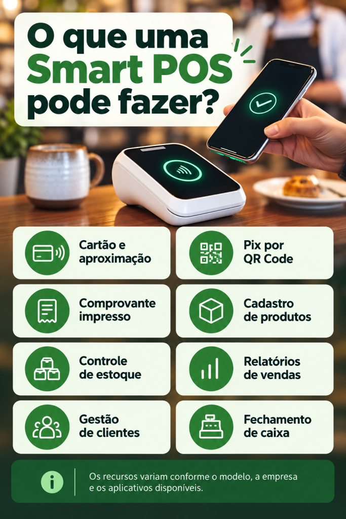 Infográfico mostra os recursos de uma Smart POS, incluindo pagamentos por cartão e Pix, controle de estoque, relatórios e gestão de clientes