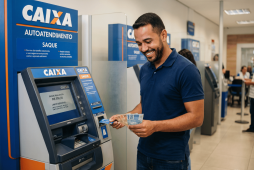 um homem sacando dinheiro do Limite da Conta CAIXA em um caixa eletrônico