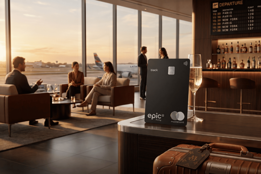 cartão de crédito PicPay Epic apoiado sobre uma mesa em uma sala vip de aeroporto
