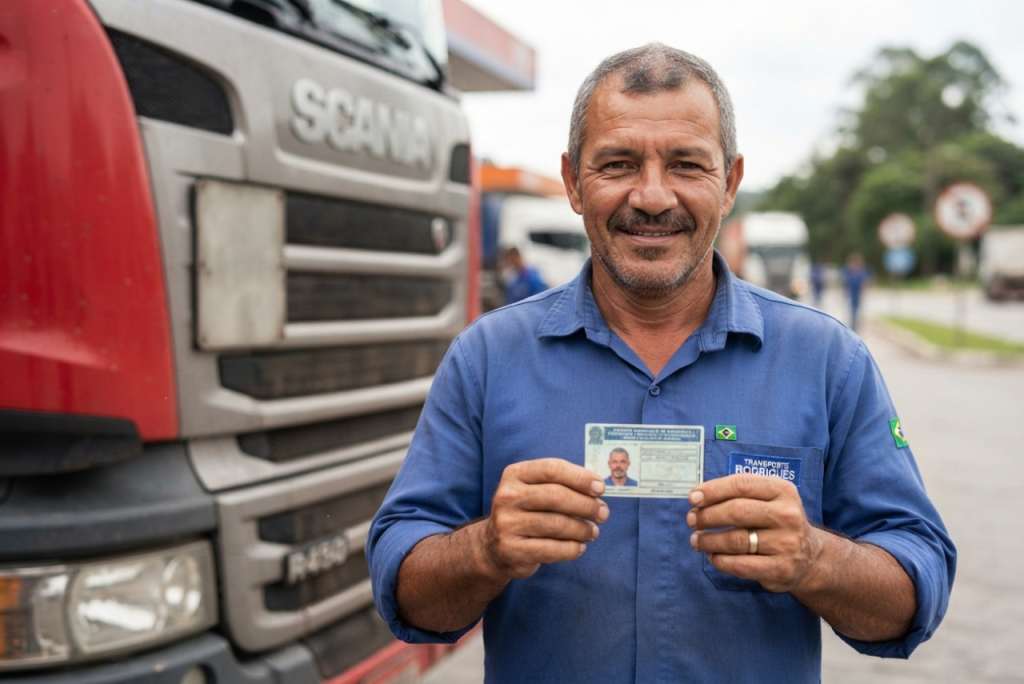 Quanto ganha um caminhoneiro- Foto em primeiro plano de um caminhoneiro brasileiro sorrindo, segurando uma carteira de habilitação (CNH) aberta em frente à câmera. Ele veste uma camisa de uniforme azul com uma pequena bandeira do Brasil na manga. Ao fundo, vê-se a dianteira de um caminhão Scania e o ambiente de um posto de estrada levemente desfocado.