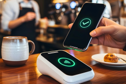 Pagamento por aproximação com celular em uma Smart POS sobre o balcão de uma cafeteria.