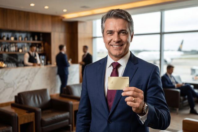 um homem segurando o cartão Unicred Privilege em uma sala vip