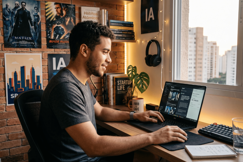 jovem usando o computador para ganhar dinheiro usando Inteligência Artificial