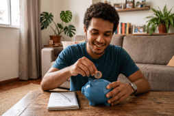 um jovem brasileiro aprendendo pequenos hábitos para economizar dinheiro