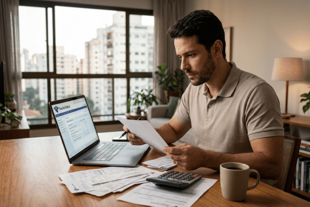 um homem analisando papéis e aprendendo Como o Imposto de Renda é calculado