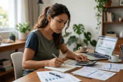 Pessoa analisando contas e identificando sinais de desorganização financeira.
