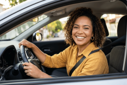 mulher dentro de um carro sorrindo para representar o Empréstimo com garantia de veículo PAN
