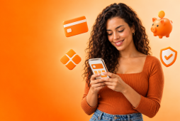 Pessoa usando o app do Banco Inter no celular, com ícones de cartão, investimentos, Pix e seguros