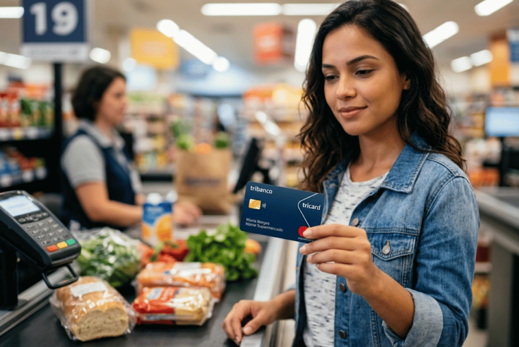 mulher pagando compras com o cartão Tricard